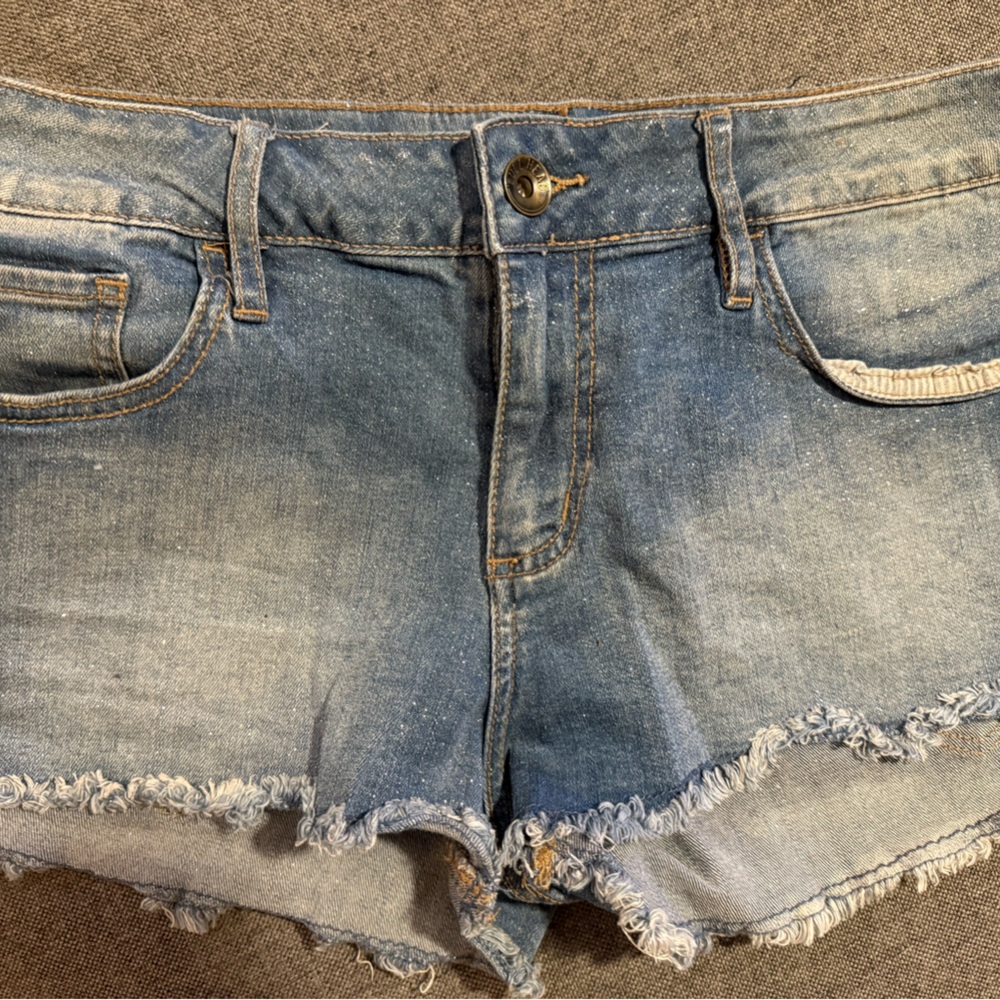 Light Blue & Glitter Jean Shorts with Frayed Edges